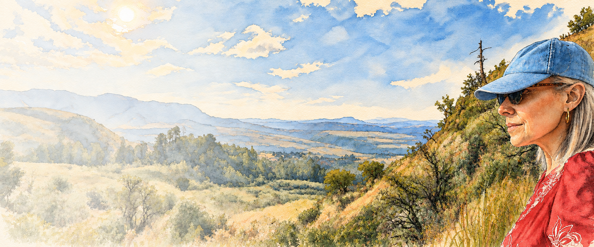 Karen standing on a hillside trail in a cap and sunglasses, looking out over a wide sunlit valley of forested hills and distant mountains